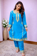 Silk Teal Blue Kashmiri Silk Tilla Work Cord Set