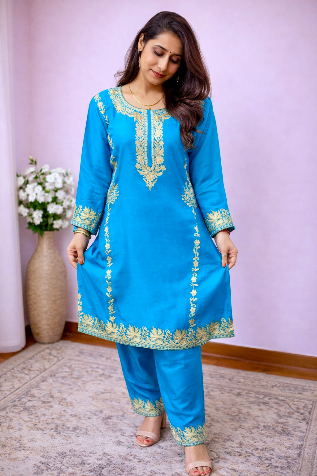 Silk Teal Blue Kashmiri Silk Tilla Work Cord Set