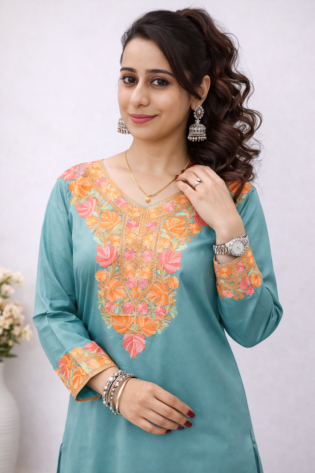 Rayon Sea Green Kashmiri Aari Work Short Kurta