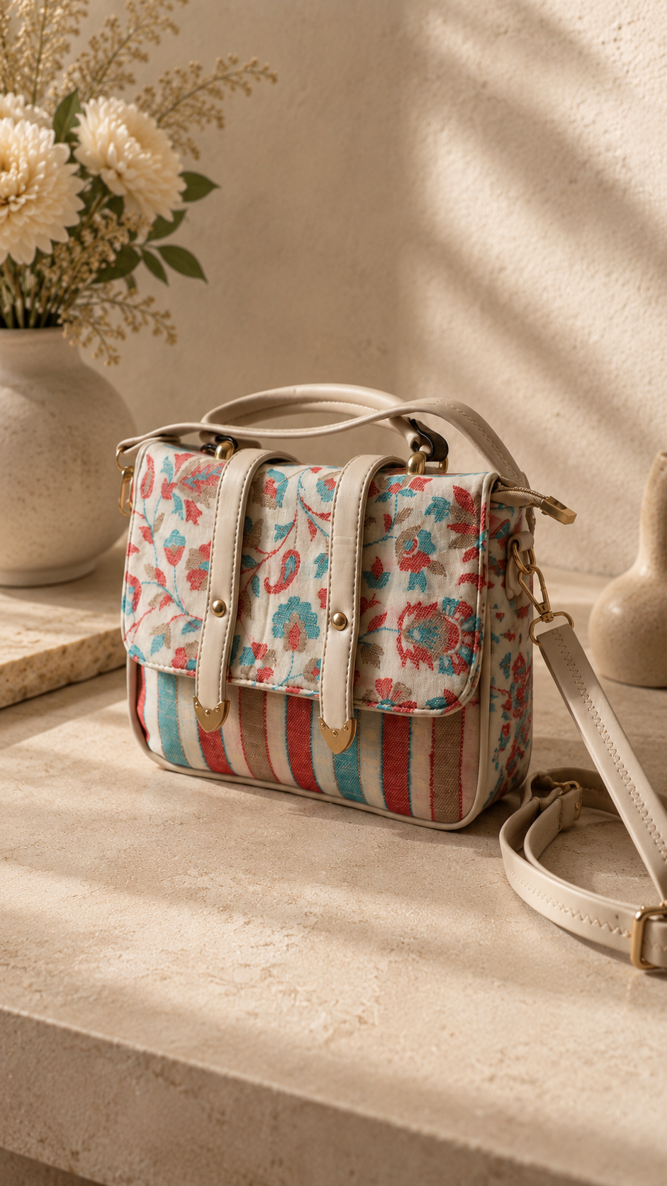 Kalamkari Double Belt Handbags in Striped Beige Cotton
