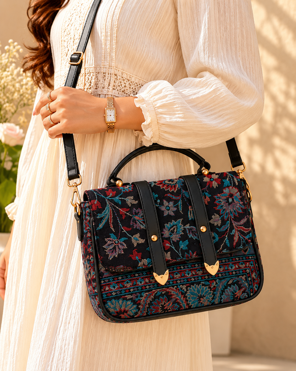 Kalamkari Double Belt Handbag in Blue Black Cotton