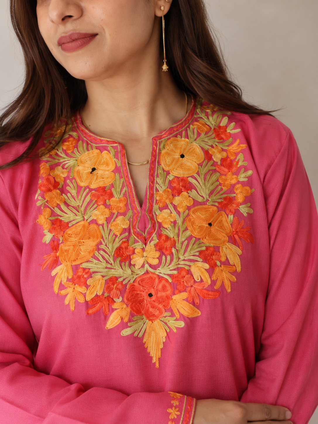 Aari Work Long Kurti in Vibrant Pink Orange Ruby Cotton