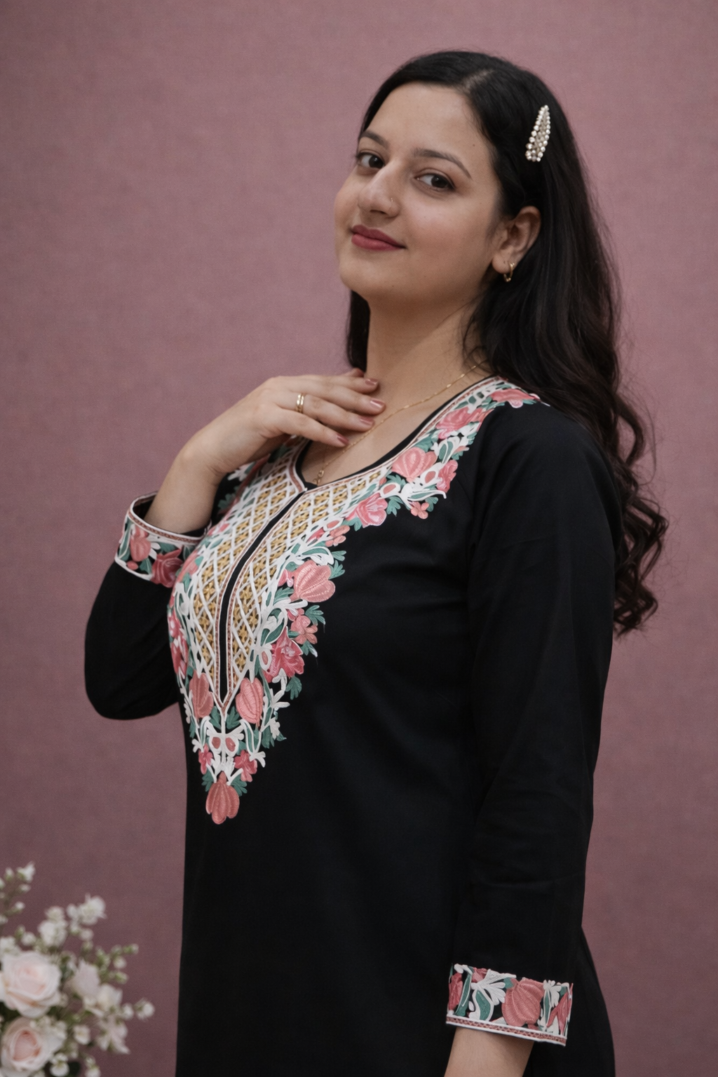 Cotton Black Kashmiri Aari Work Short Kurta