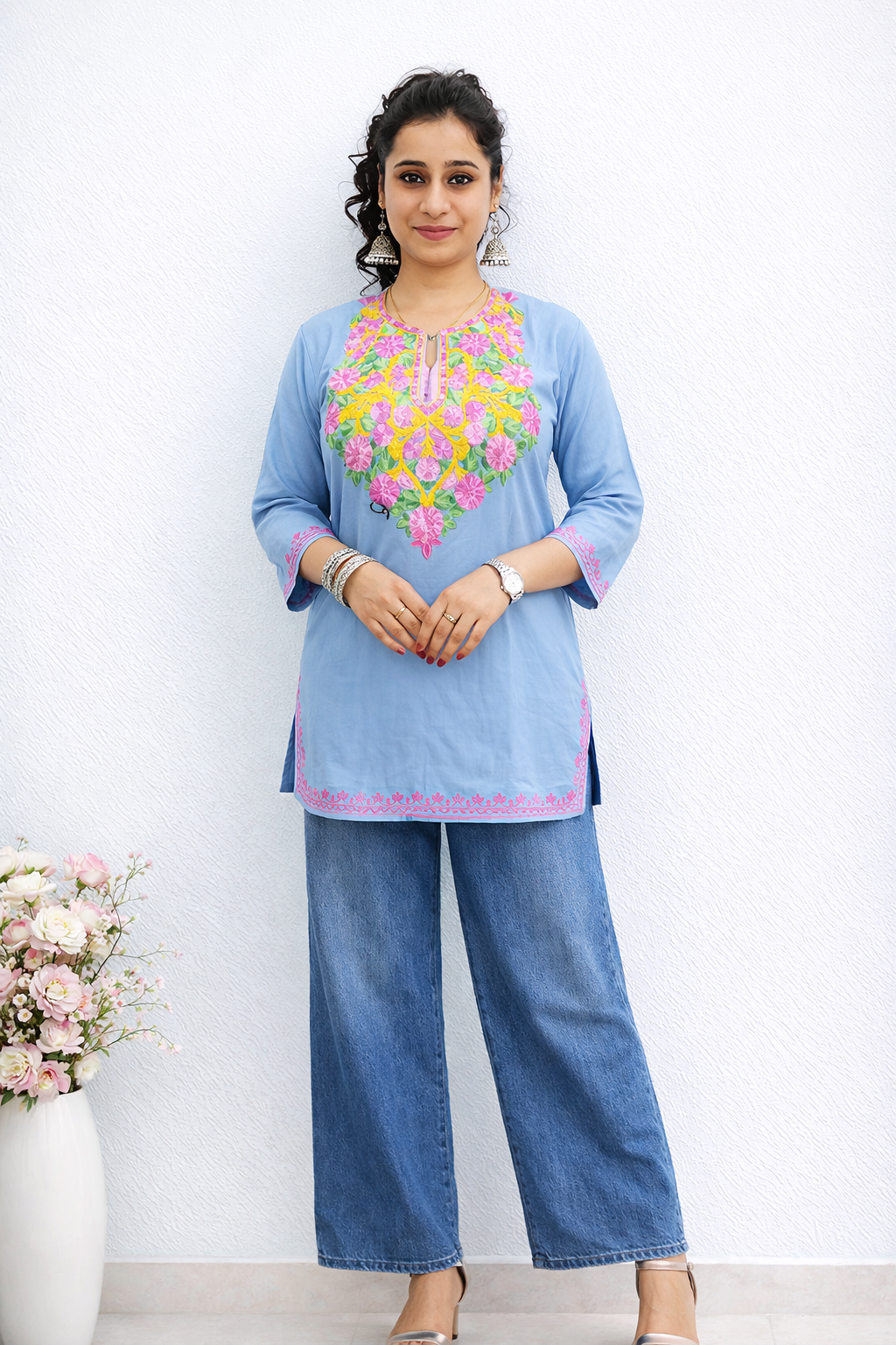 Rayon Grey Kashmiri Aari Work Short Kurta