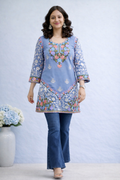 Georgette Sky Blue Kashmiri Aari Work Short Kurta