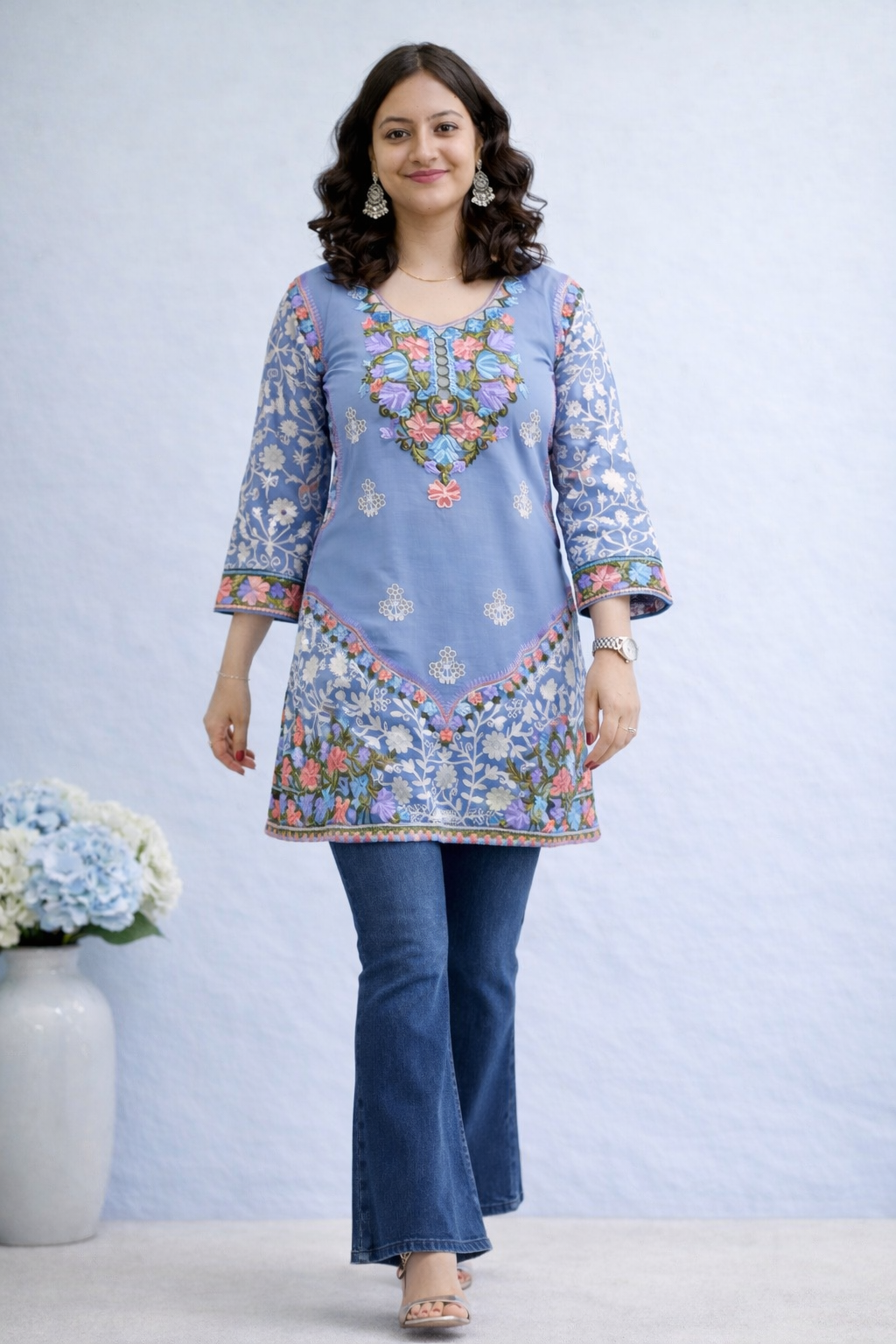 Georgette Sky Blue Kashmiri Aari Work Short Kurta