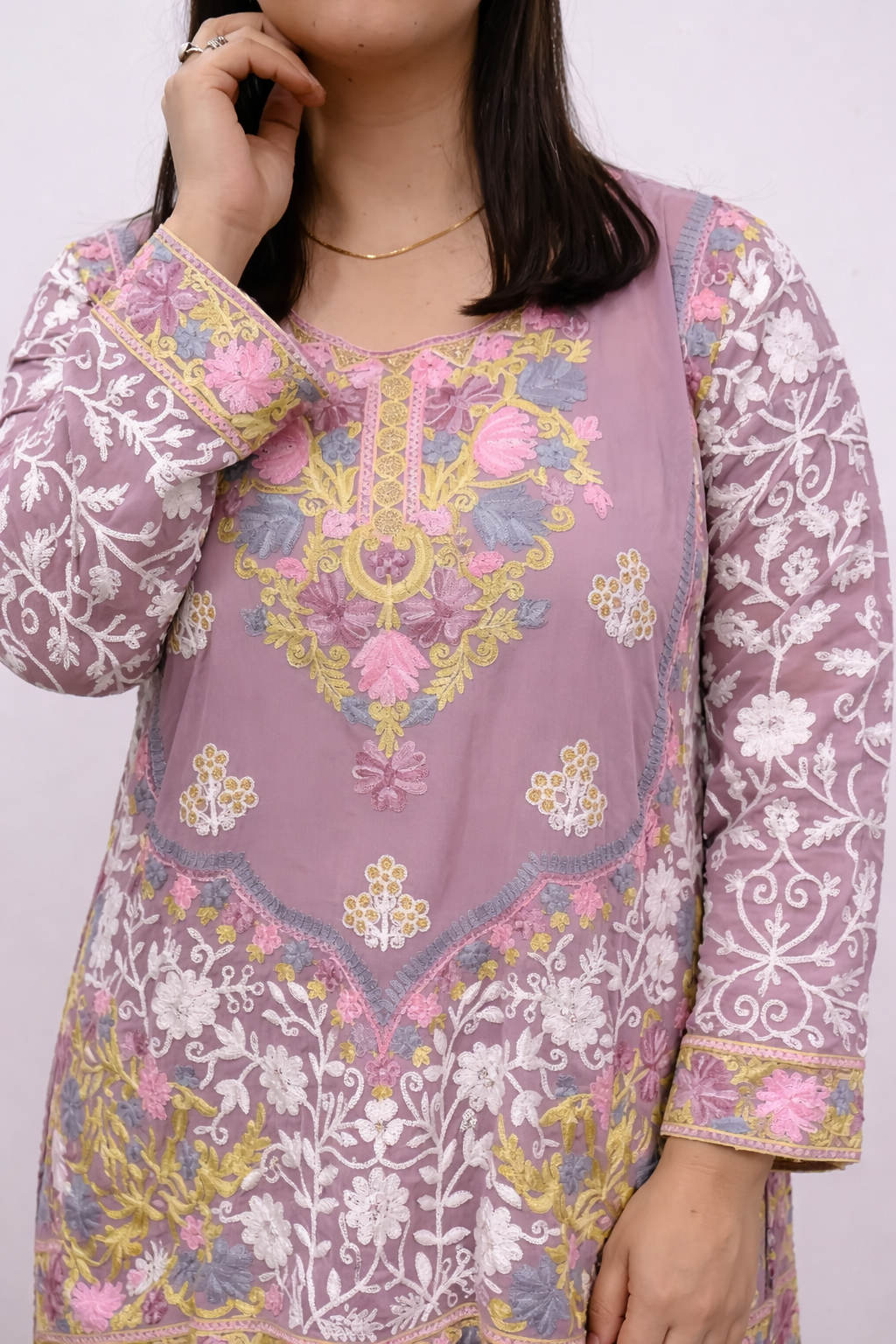 Georgette Pink Kashmiri Aari Work Short Kurta