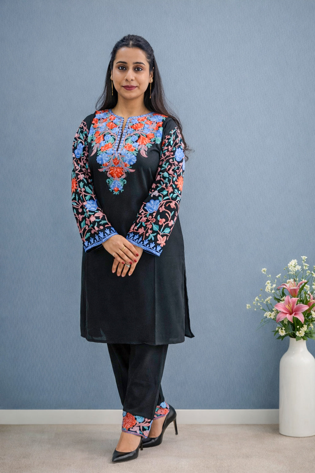 Rayon Black Kashmiri Aari Work Cord Set