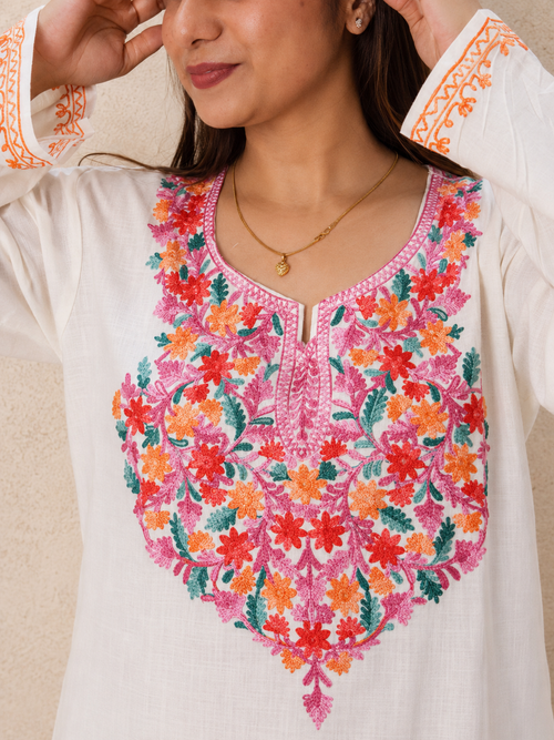 Aari Work Long Kurti in White and Purple Ruby Cotton