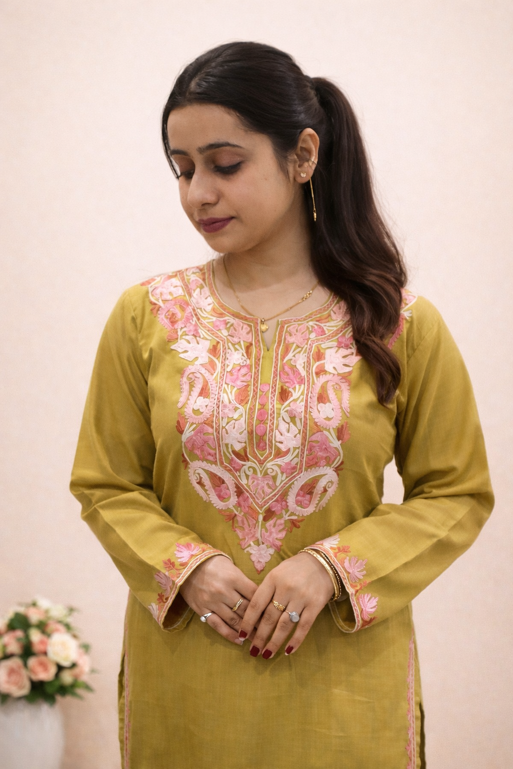 Cotton Mustard Kashmiri Aari Work Cord Set