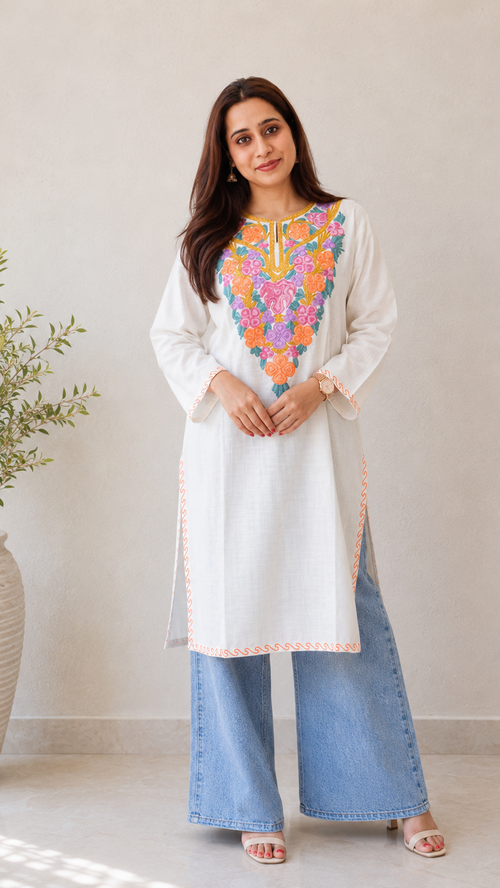 Aari Work Long Kurti in Ruby Cotton with Floral Motifs