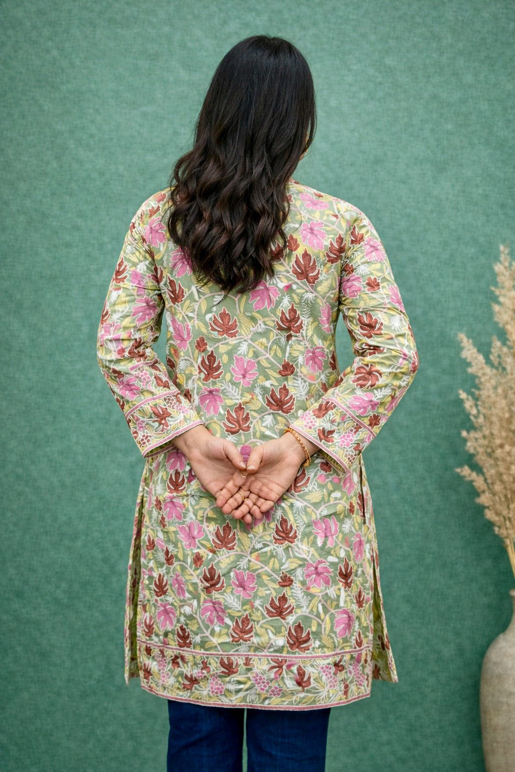 Georgette Green Kashmiri Aari Work Long Kurta