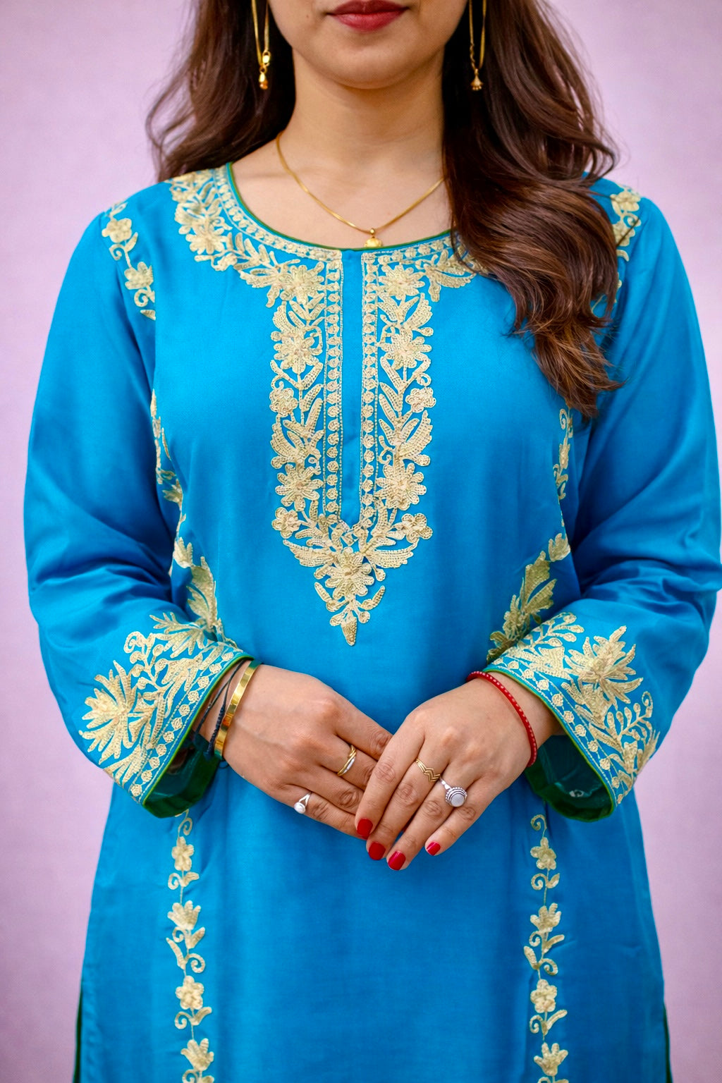 Silk Teal Blue Kashmiri Silk Tilla Work Cord Set