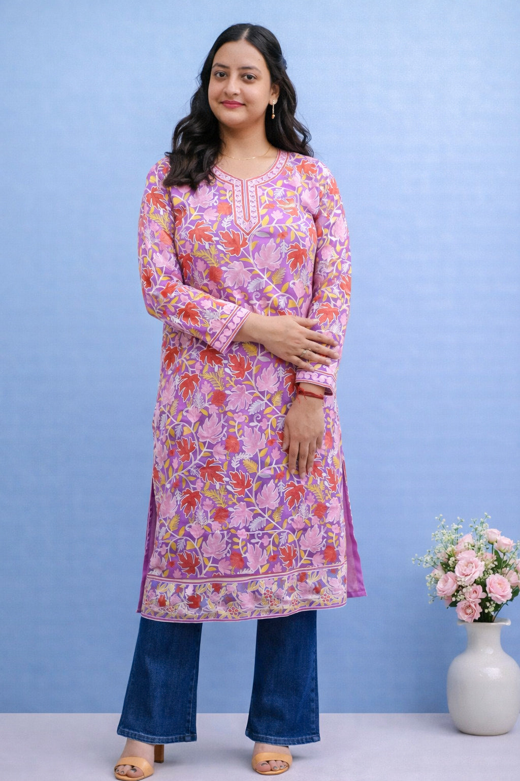 Georgette Purple Kashmiri Aari Work Long Kurta