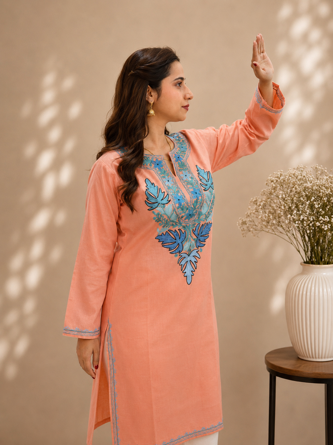 Peach Blue Aari Work Long Kurti in Ruby Cotton
