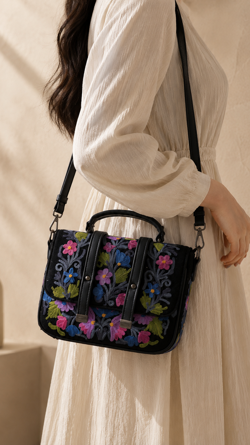 Aari Work Double Belt Handbags with Floral Motifs