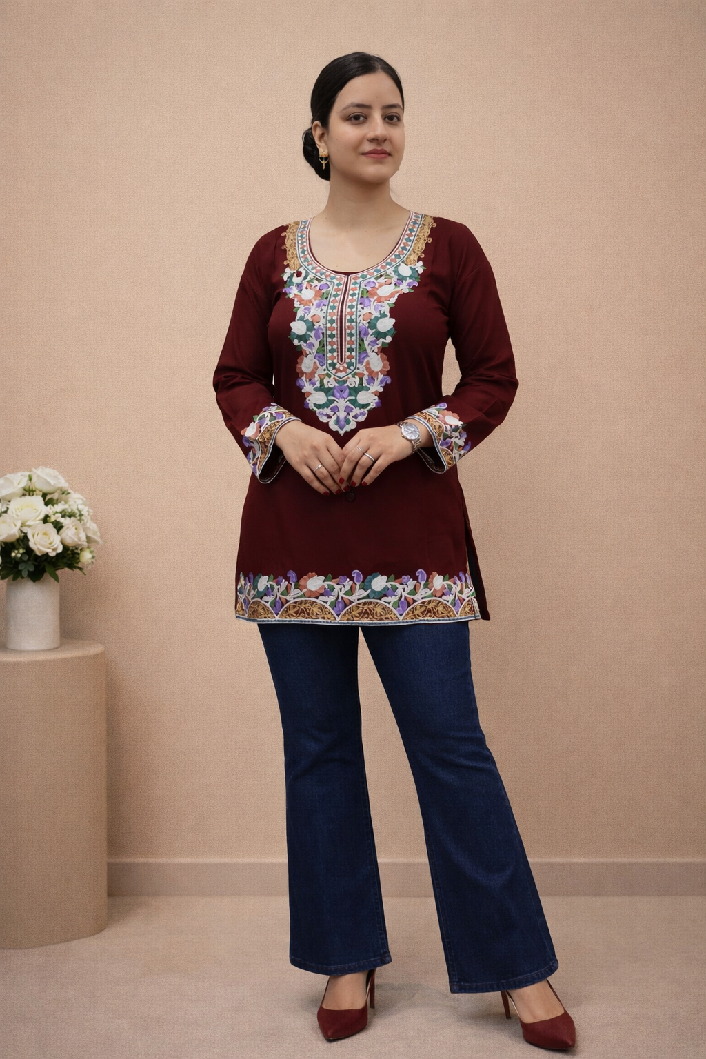 Cotton Maroon Kashmiri Aari Work Short Kurta