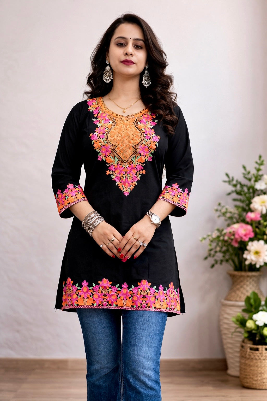 Rayon Black Kashmiri Aari Work Short Kurta
