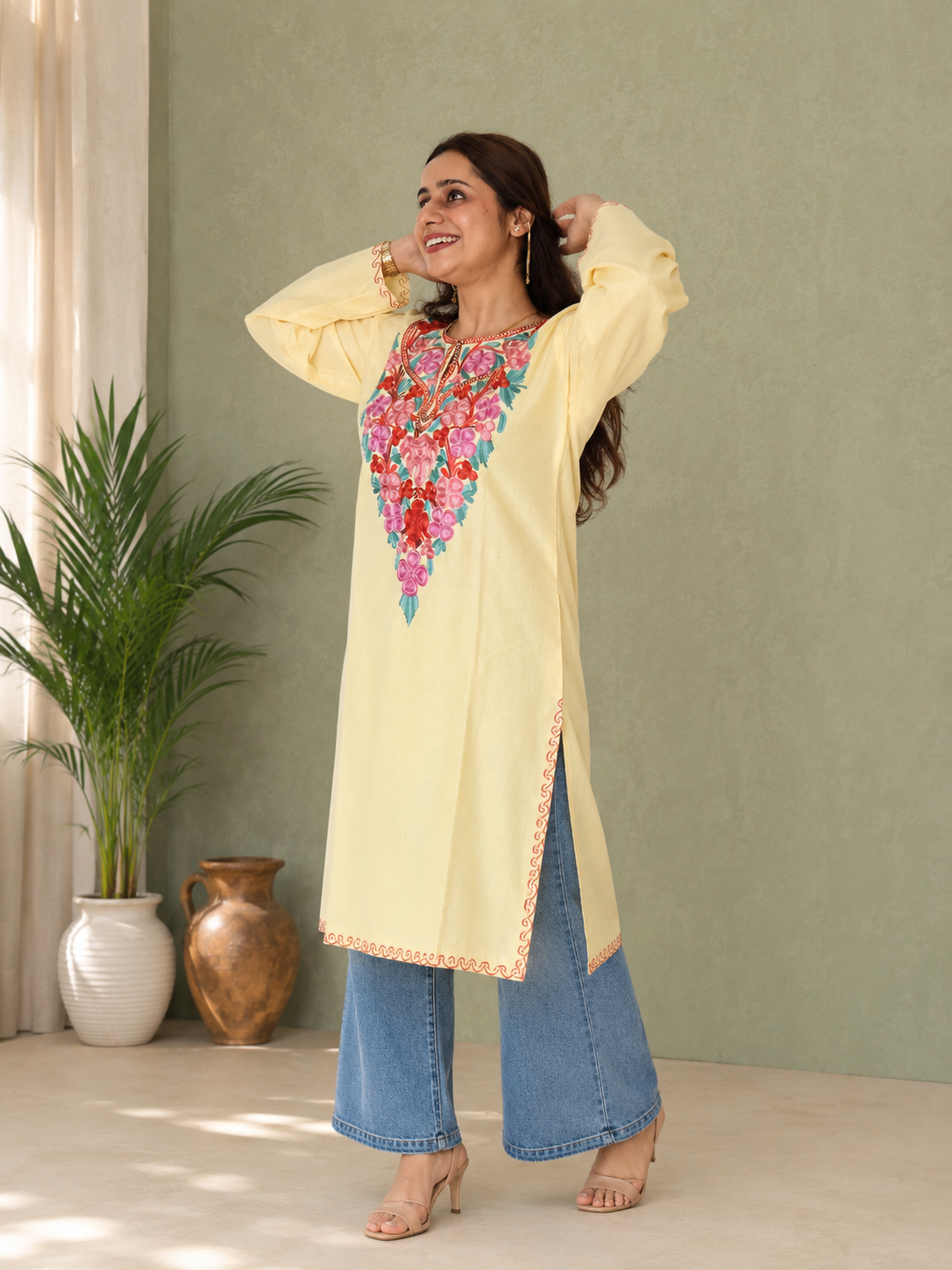 Aari Work Long Kurti in Light Yellow Pink Ruby Cotton