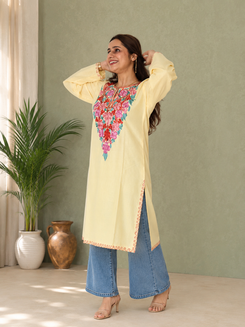 Aari Work Long Kurti in Light Yellow Pink Ruby Cotton