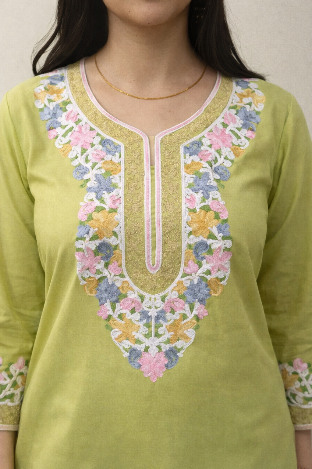 Cotton Olive Kashmiri Aari Work Short Kurta