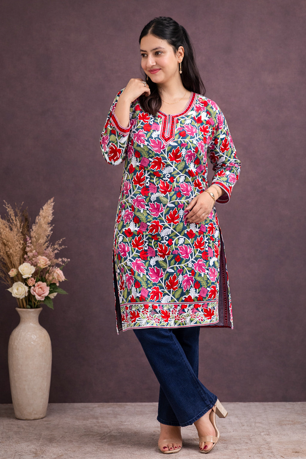 Georgette Teal Kashmiri Aari Work Long Kurta