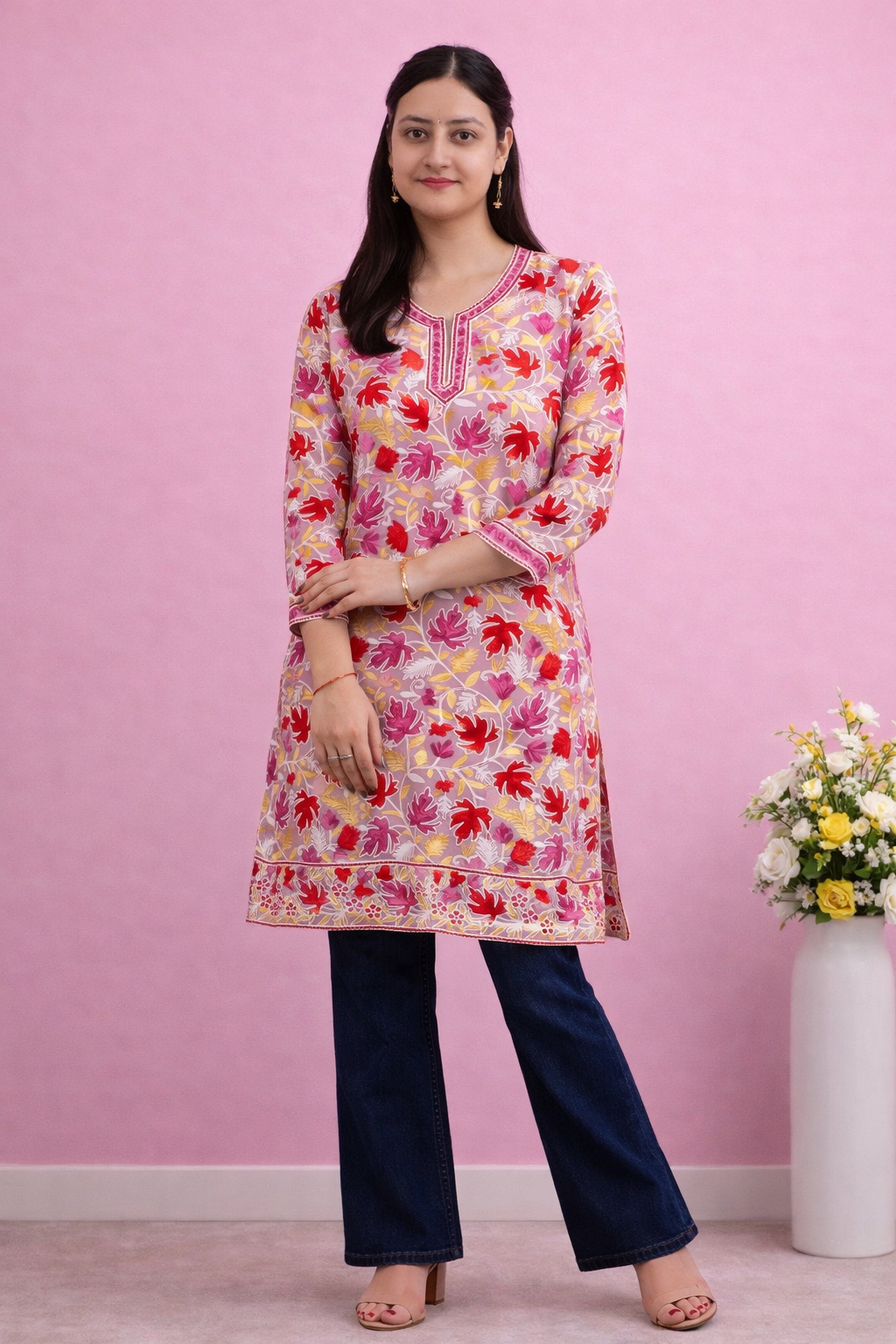 Georgette Baby Pink Kashmiri Aari Work Long Kurta