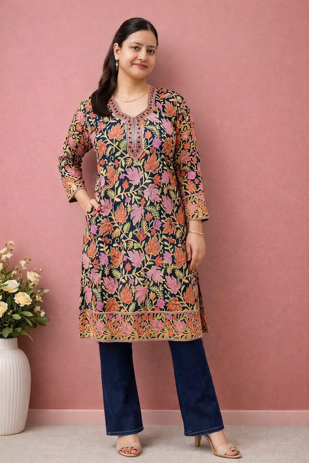 Georgette Black Kashmiri Aari Work Long Kurta