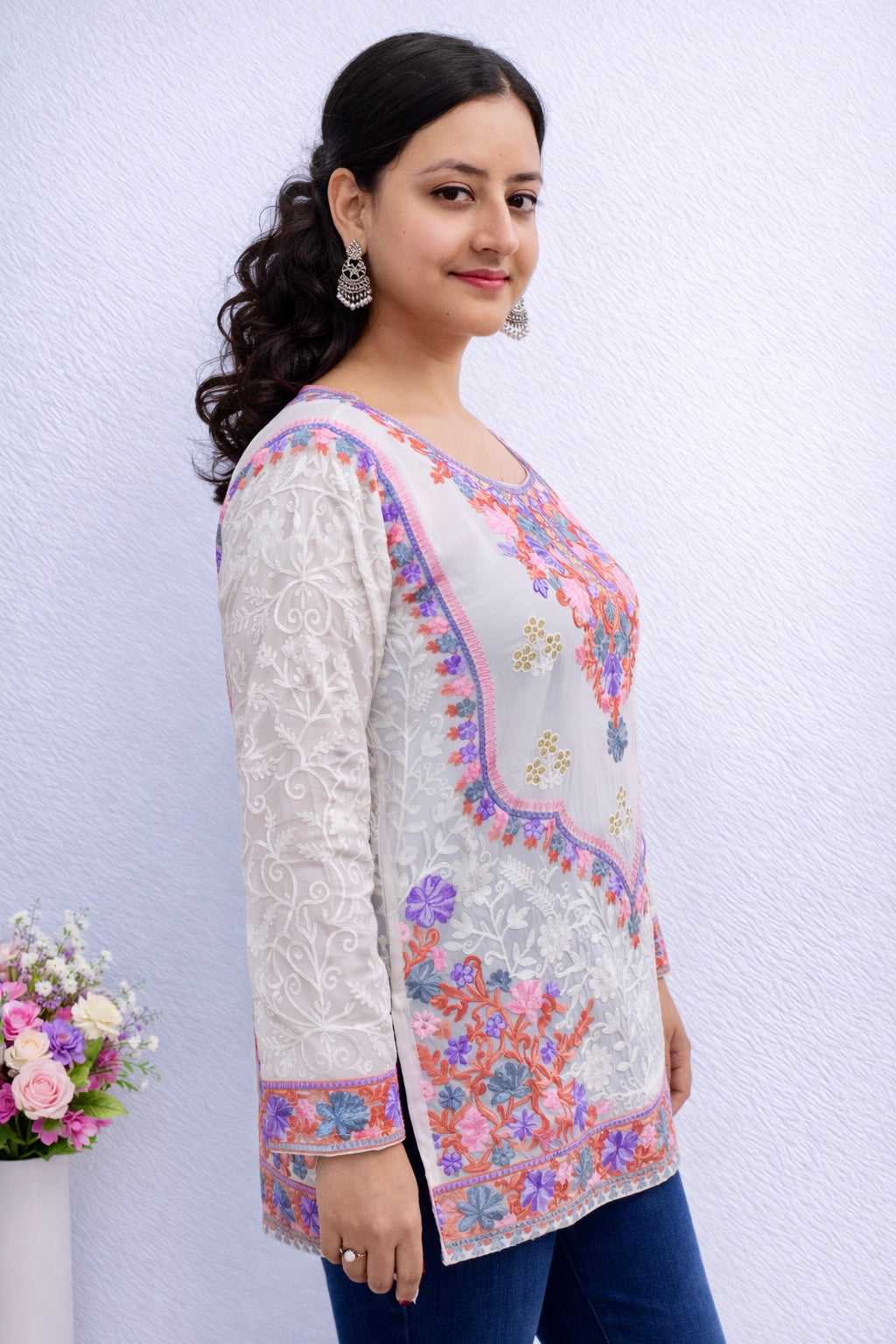 Georgette White Purple Kashmiri Aari Work Short Kurta