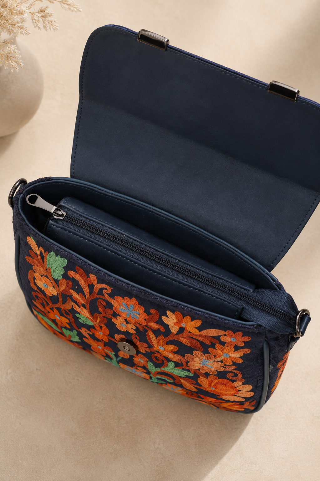 Handcrafted Aari Work Double Belt Handbag in Vibrant Orange