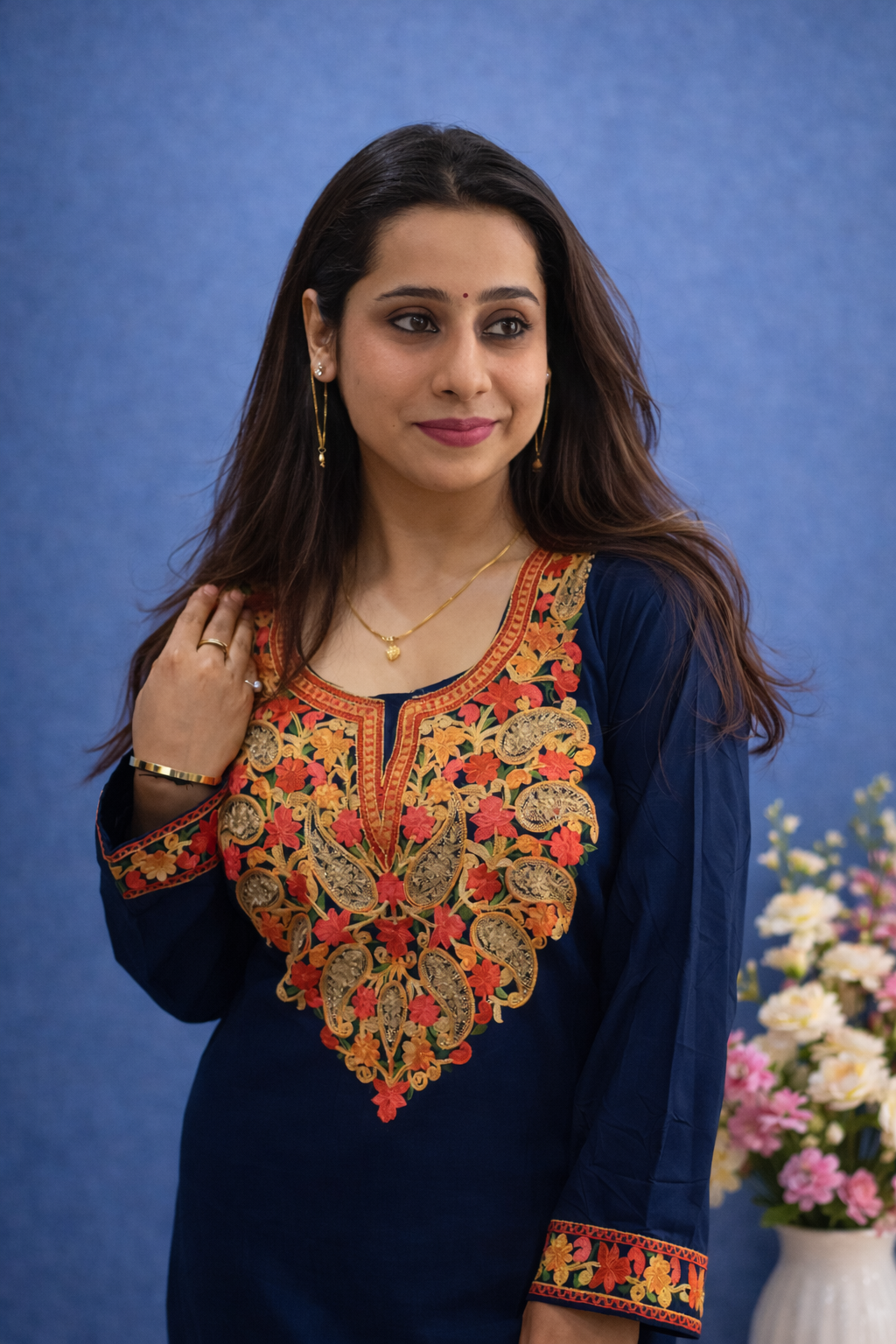 Rayon Navy Blue Kashmiri Aari Work Cord Set