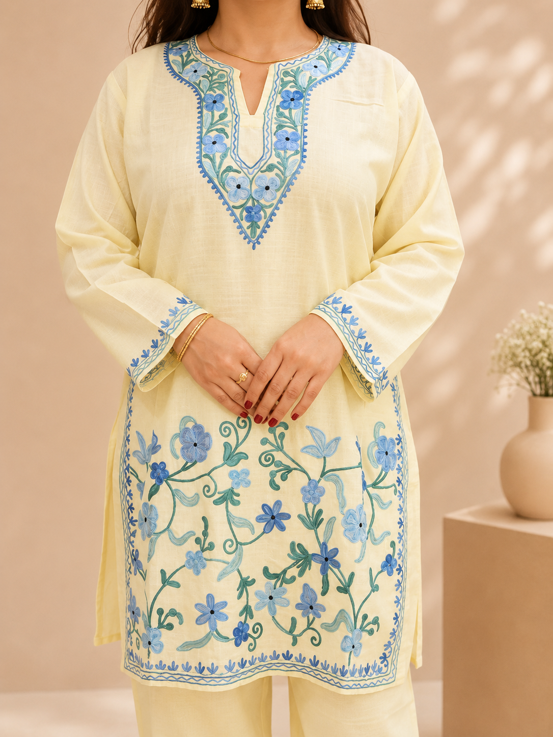 Light Yellow Ruby Cotton Cord Set with Jali Daman Aari Work