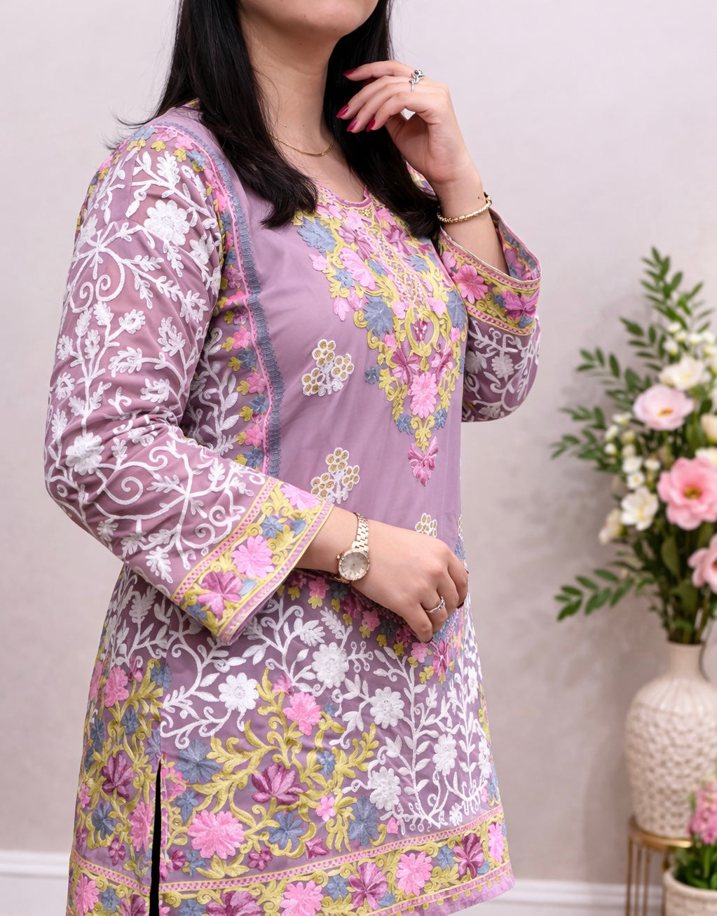 Georgette Pink Kashmiri Aari Work Short Kurta