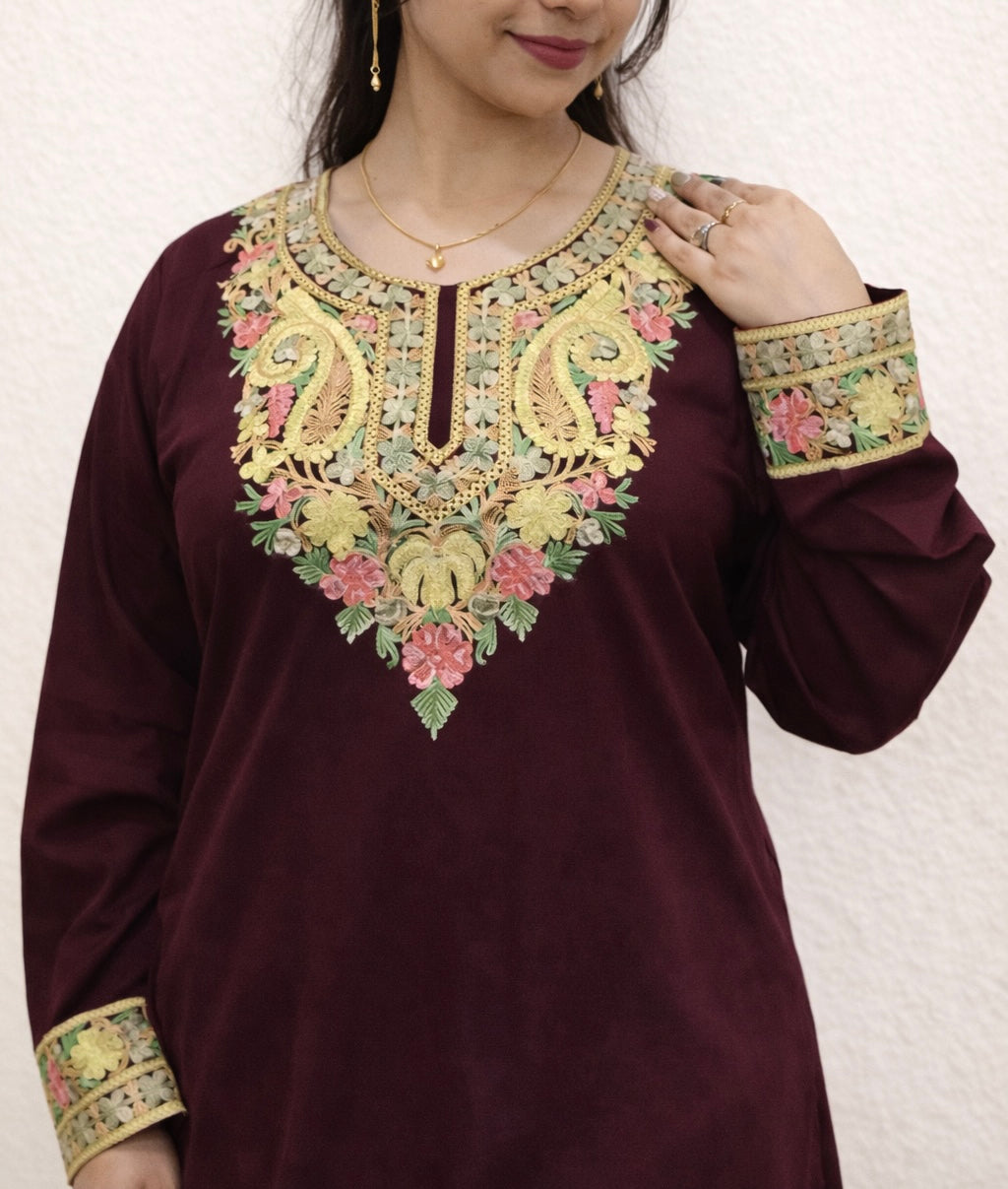 Rayon Wine Kashmiri Aari Work Short Kurta