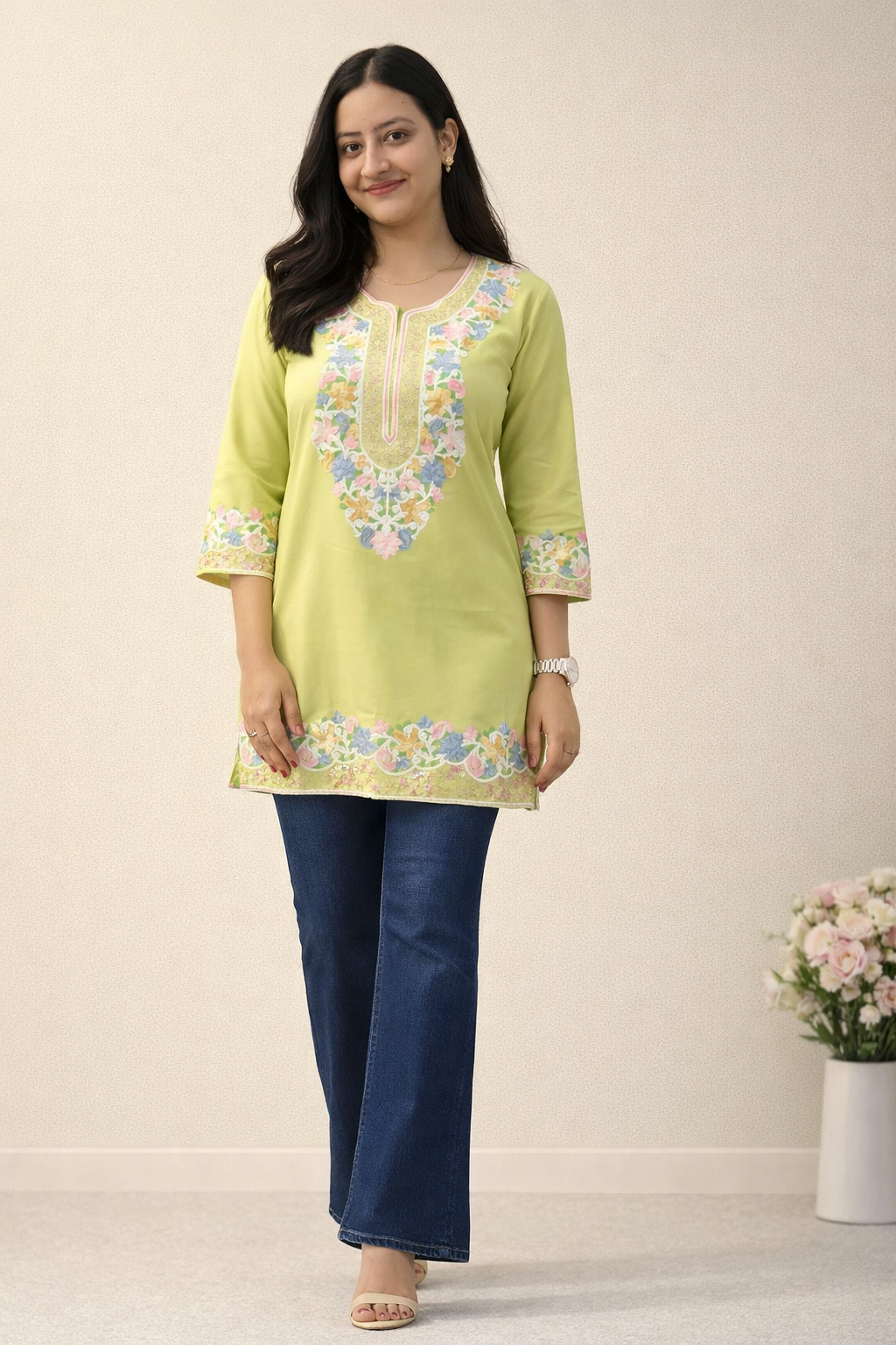 Cotton Olive Kashmiri Aari Work Short Kurta