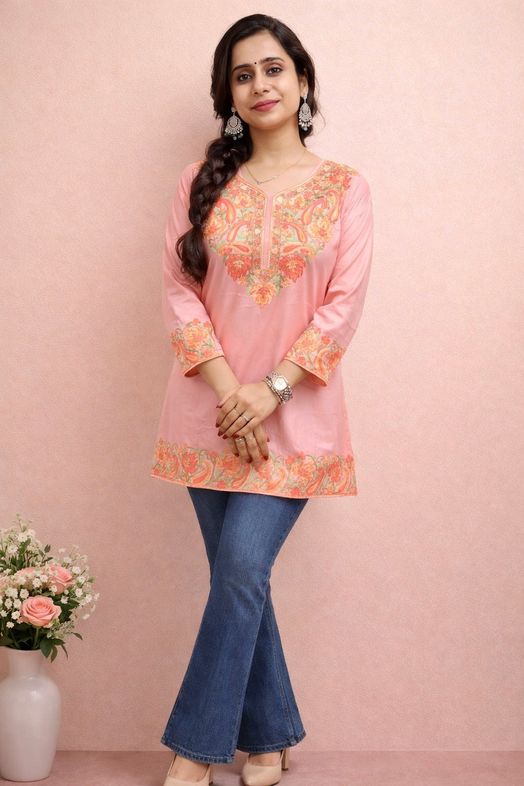 Rayon Baby Pink Kashmiri Aari Work Short Kurta