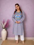 Grey Blue Aari Work Long Kurti in Ruby Cotton