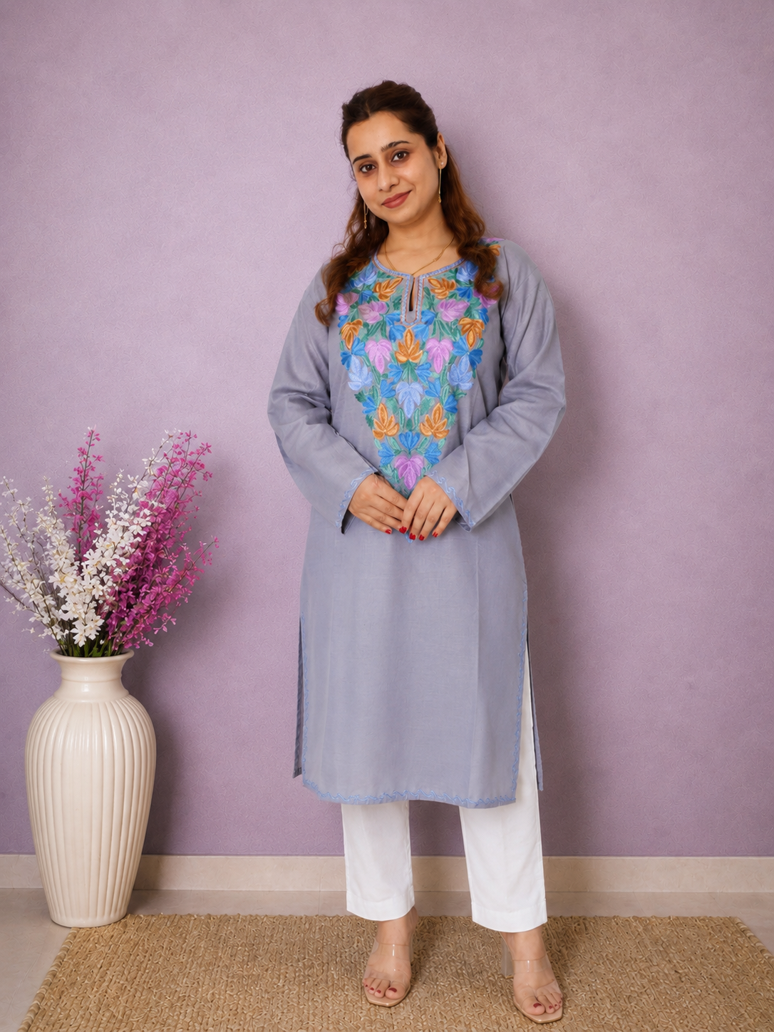 Grey Blue Aari Work Long Kurti in Ruby Cotton