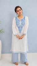 Aari Work Long Kurti in White and Blue Ruby Cotton