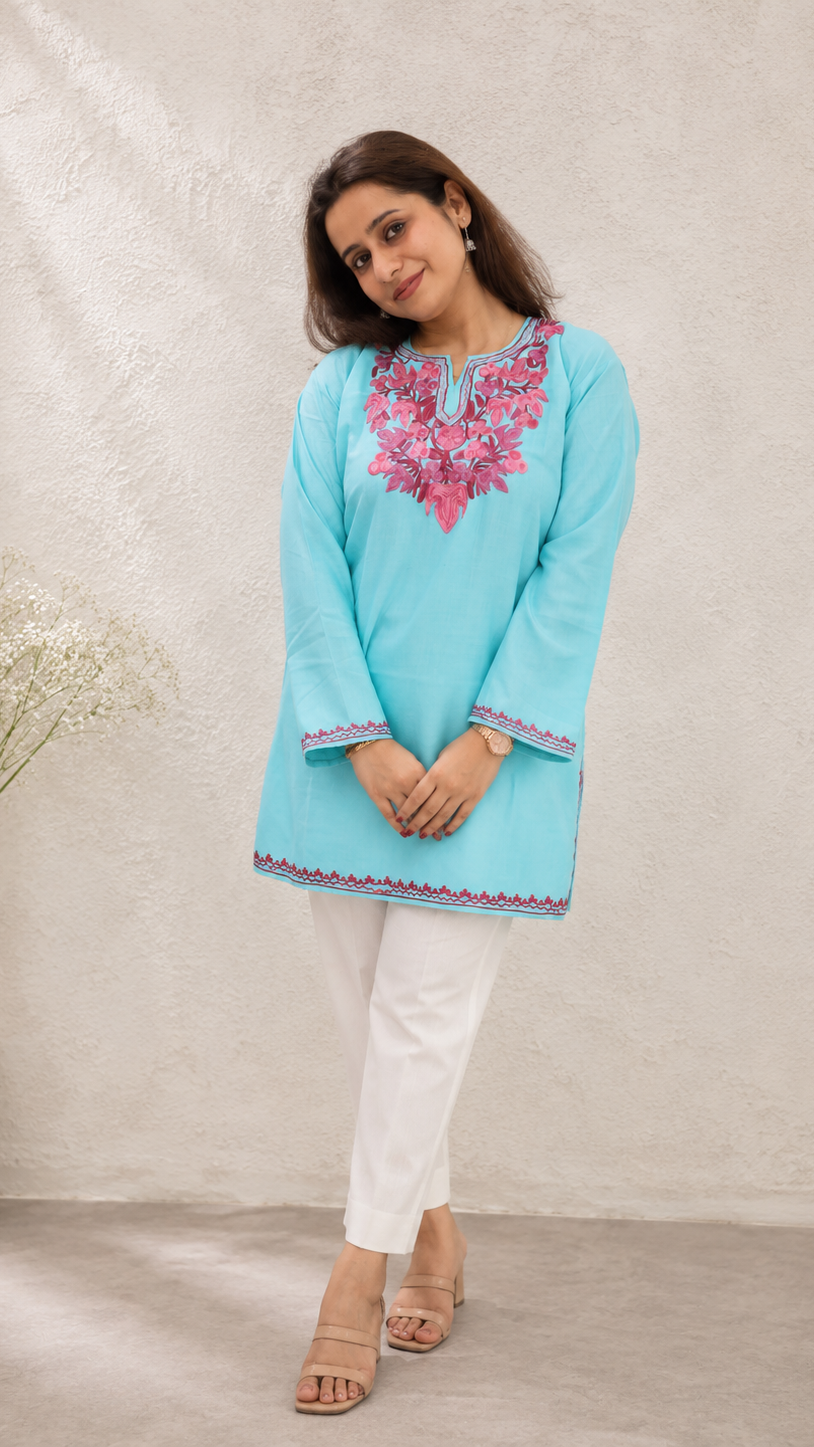 Aari Work Short Kurti in Sea Blue Ruby Cotton