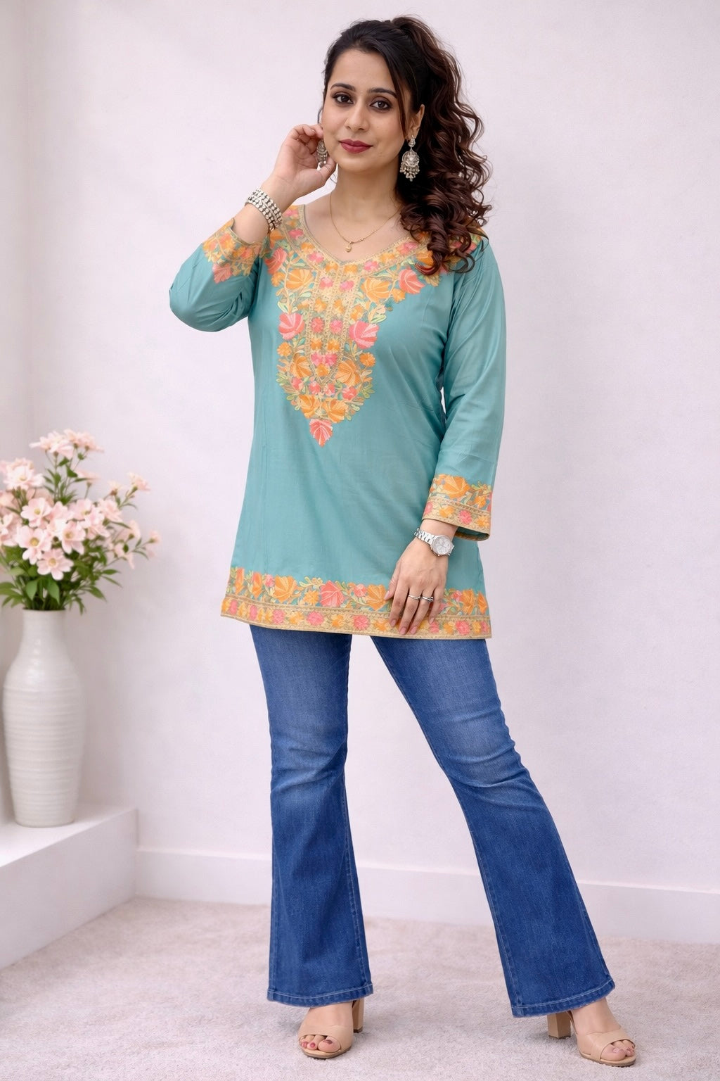 Rayon Sea Green Kashmiri Aari Work Short Kurta