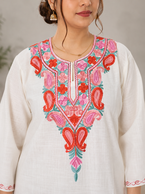Aari Work Long Kurti in White Brown Ruby Cotton