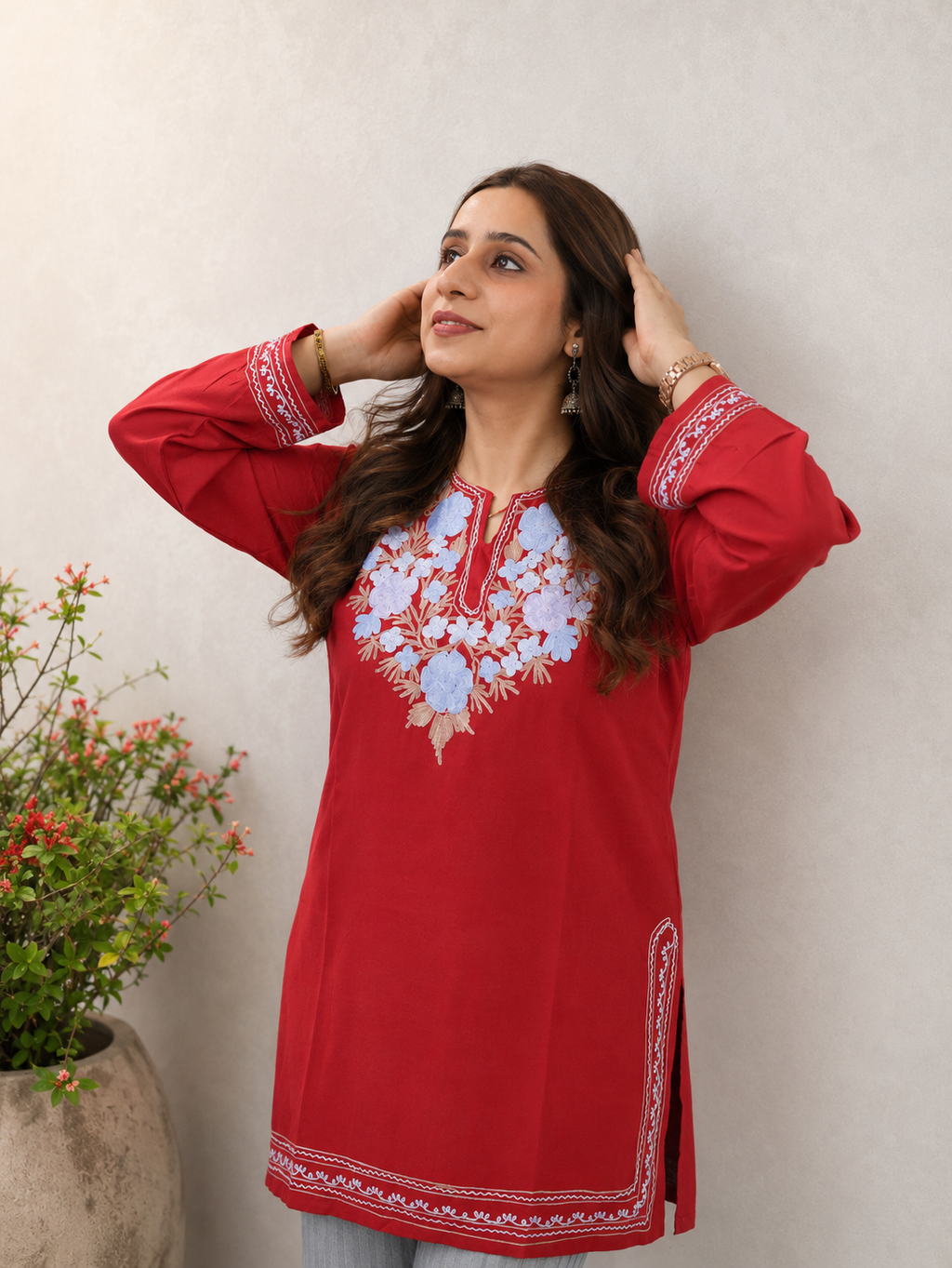 Red Blue Aari Work Short Kurti in Ruby Cotton