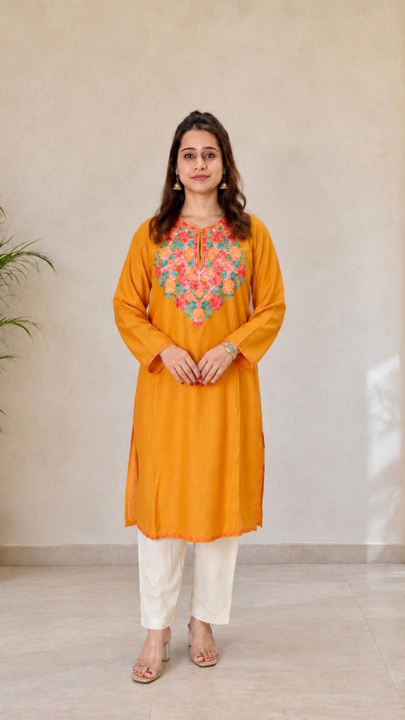 Aari Work Long Kurti in Golden Ruby Cotton