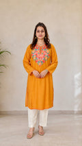 Aari Work Long Kurti in Golden Ruby Cotton