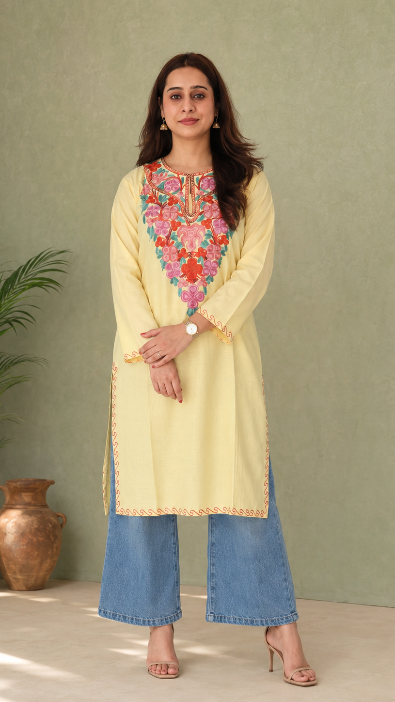 Aari Work Long Kurti in Light Yellow Pink Ruby Cotton