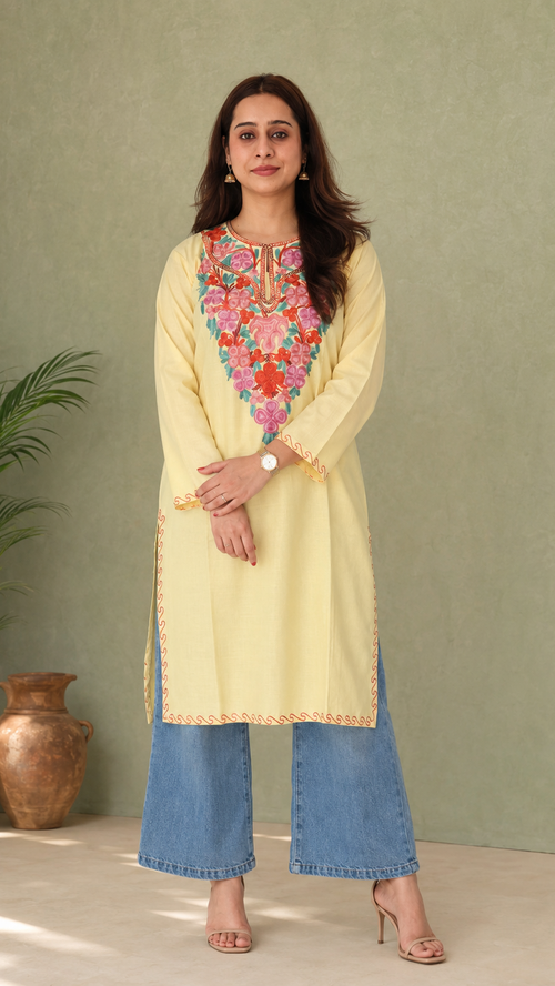 Aari Work Long Kurti in Light Yellow Pink Ruby Cotton