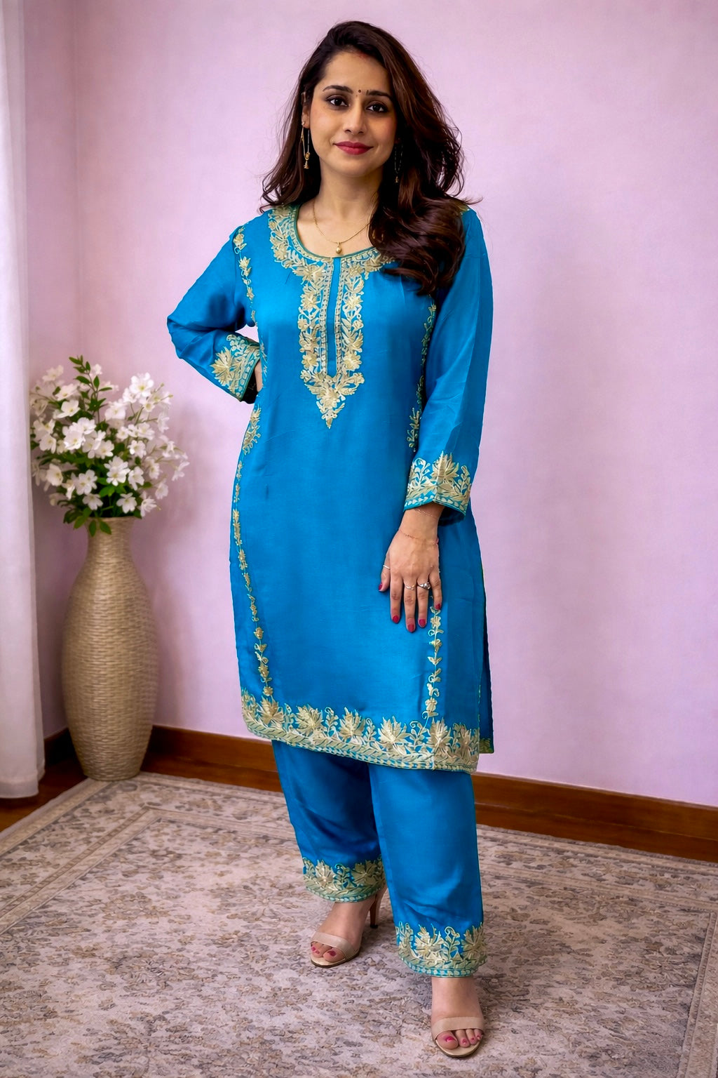 Silk Teal Blue Kashmiri Silk Tilla Work Cord Set