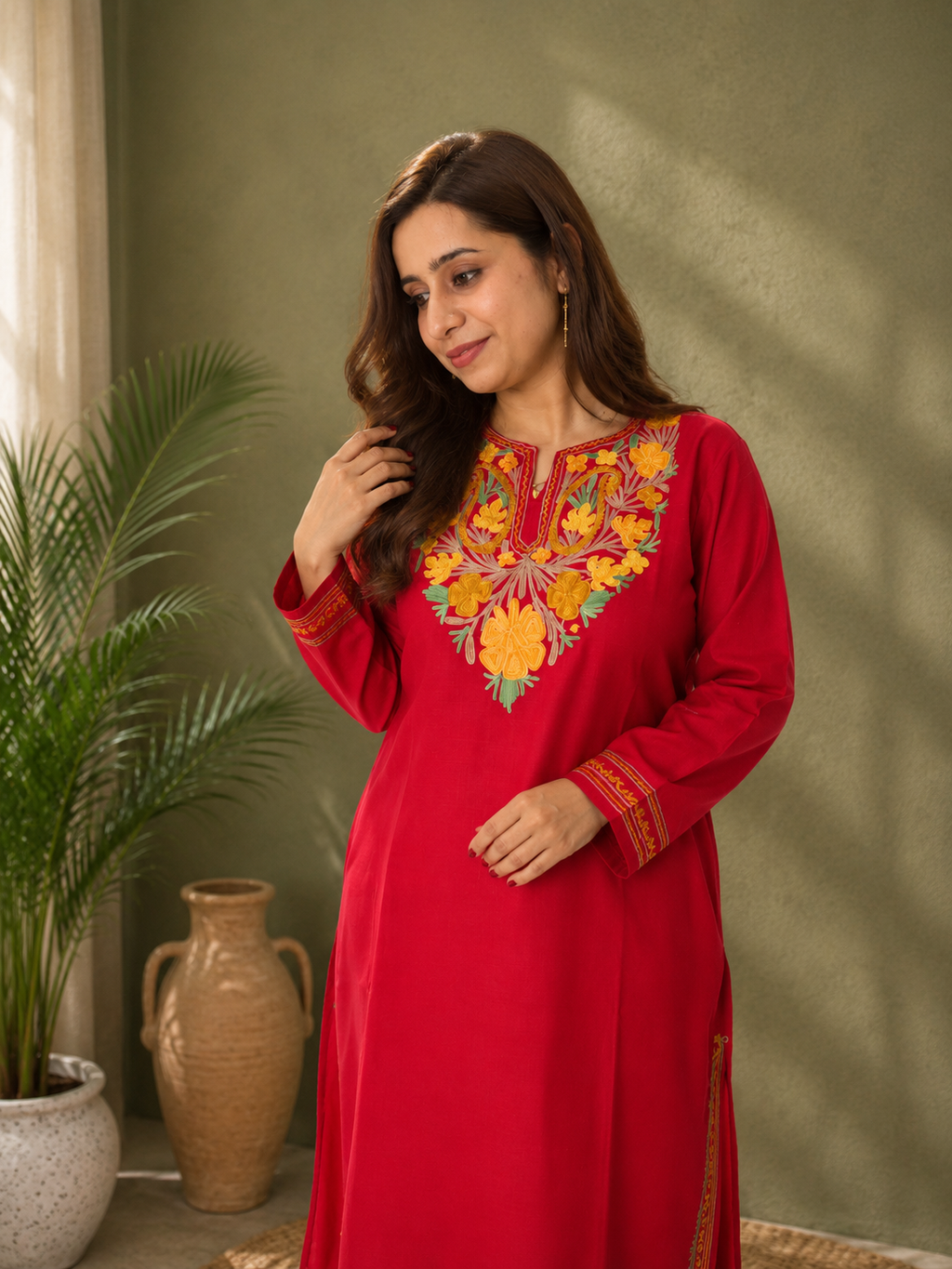 Aari Work Long Kurti in Ruby Cotton with Floral Motif