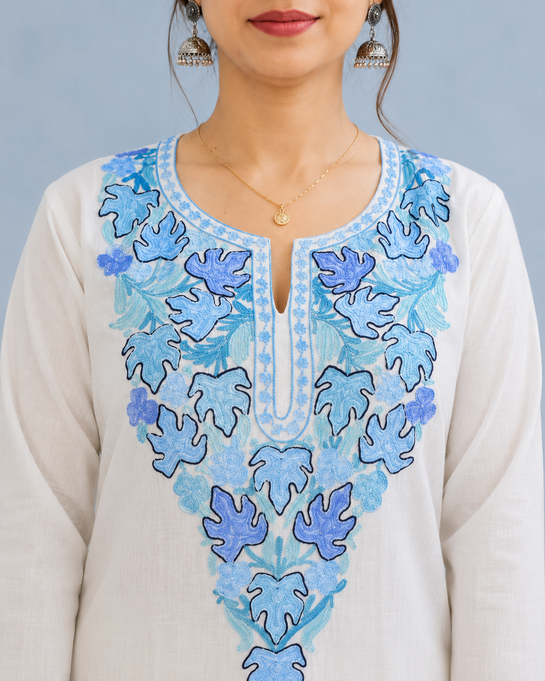 Aari Work Long Kurti in White and Blue Ruby Cotton